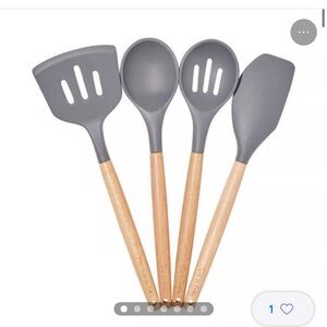 Sur La Table 4-Piece Silicone Utensil Set - Grey Food Grade Silicone Wood Handle